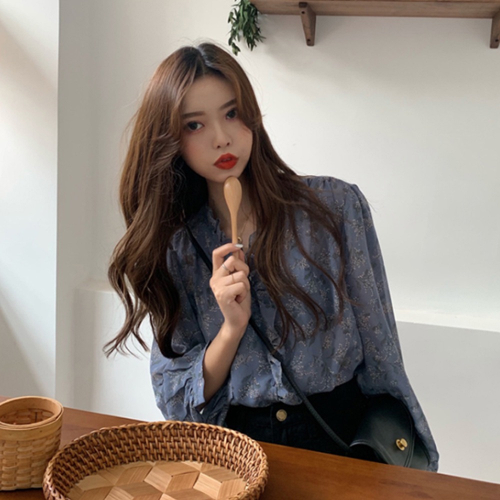 루나프라자 레이스 프릴 쉬폰 포인트 플라워 블라우스 L