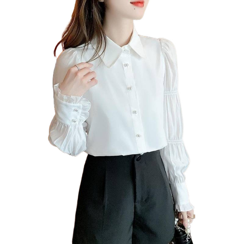 POMTOR 여성 봄가을 퍼프 셔츠 벌룬 블라우스 S