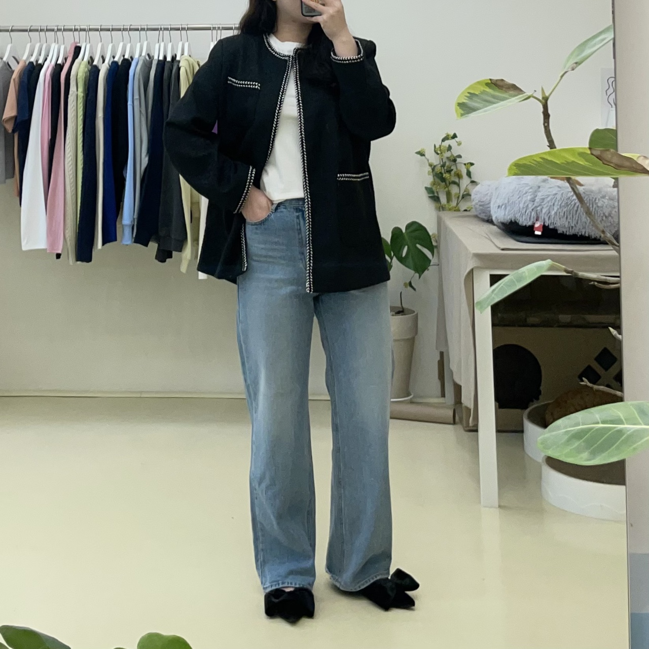 간절기 오버핏 노카라 하프 트위드 자켓