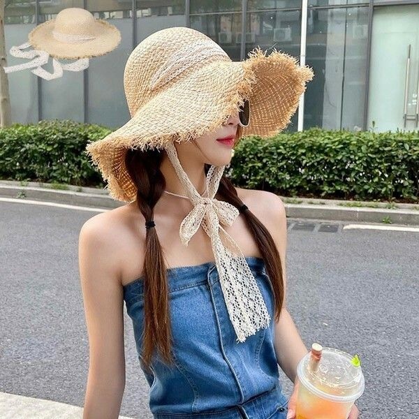 옷자락 여자 휴양지 와이드챙 레이스끈 통기성 밀짚 모자