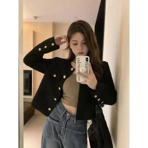 트위드 자켓 코트 여성 루즈핏 모든 매치 가을 라운드넥 싱글 아우터