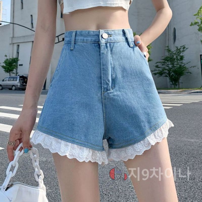지9차이나 하이웨스트 레이스 데님 반바지 팬츠