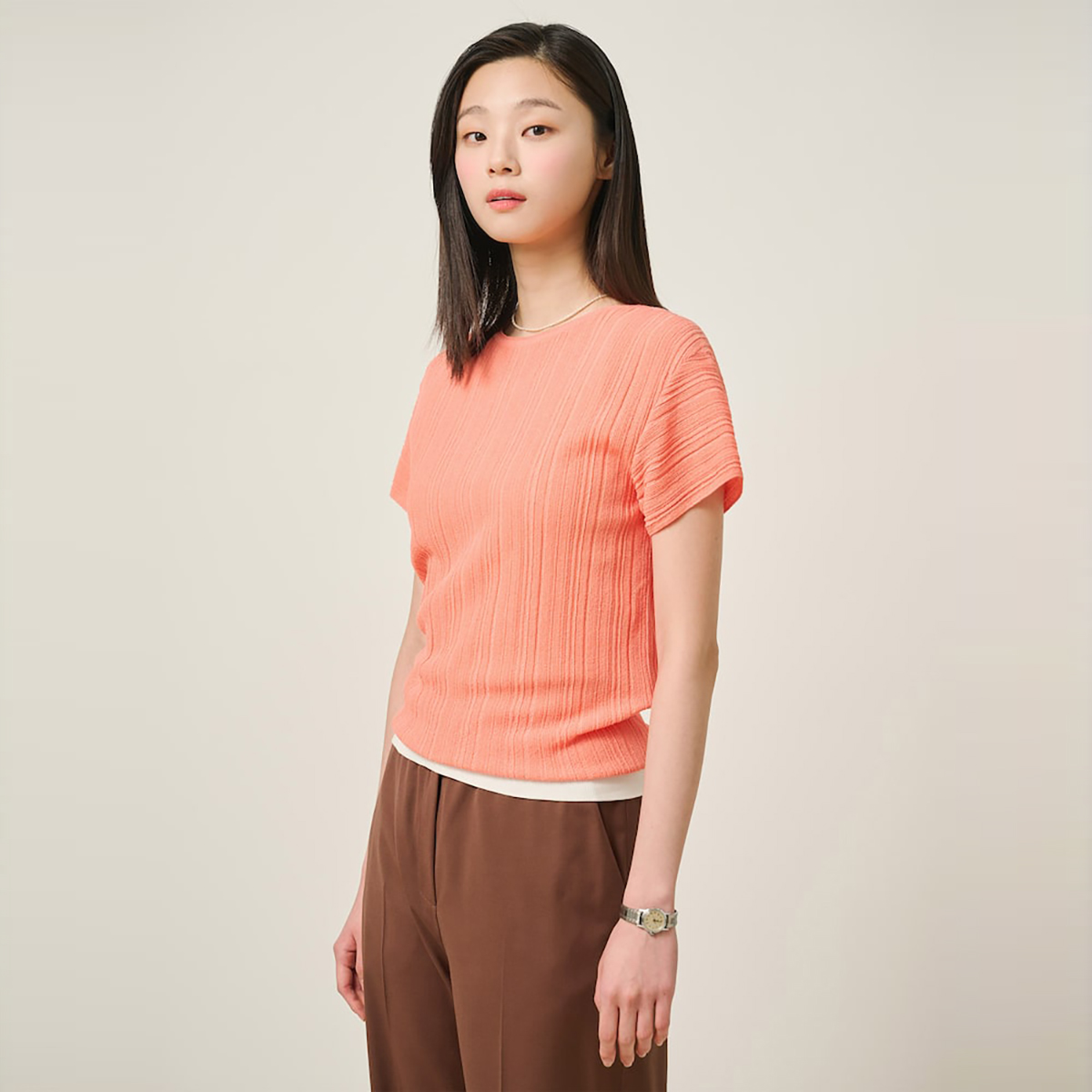 빈폴레이디스 코튼 혼방 주름 반소매 풀오버 코럴 BF5451C067