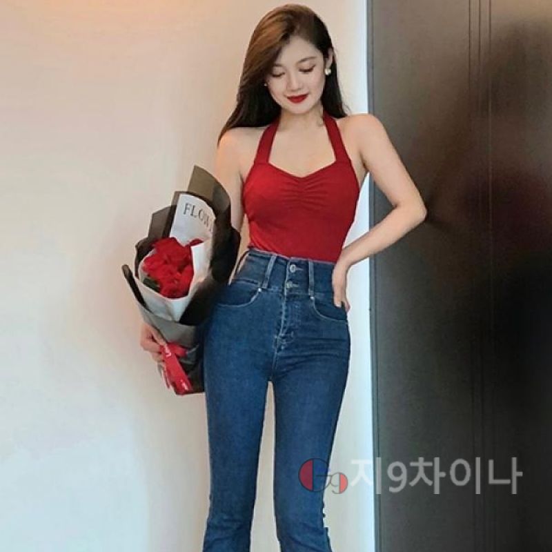 지9차이나 트렌디 홀터 브이 넥 나시 탑 티셔츠