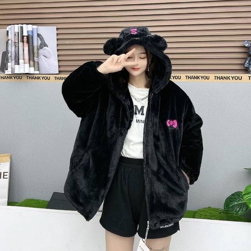 UNKNOWN 귀여운 산리오 헬로 키티 양털 코트 여성 가을 겨울 루즈핏 레이지 BF 면 의류 자켓 2025 ZE2761887
