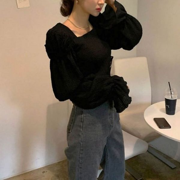 오노마 ONM 팔뚝살 커버 소매퍼프 여성 스퀘어넥 블라우스