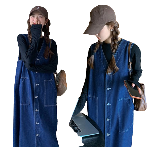 와와맘 WAWAMOM 여성 데님 청 조끼 원피스 체형커버 봄 원피스베스트 다크블루 75kg FES82
