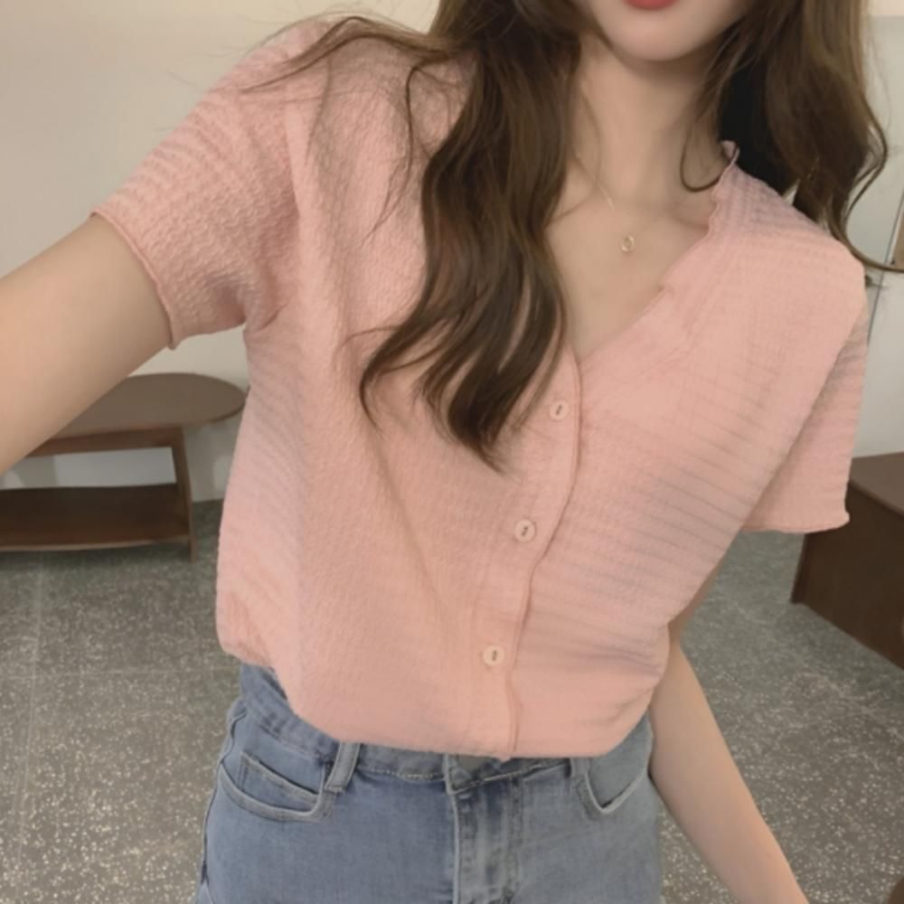 데일리 여름 여성 브이넥 겉옷 크롭 반팔 가디건