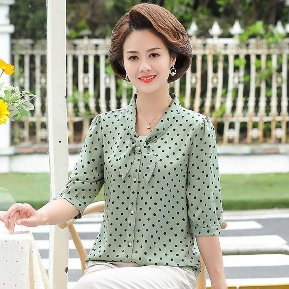 ROYALBELLE 여성 중년 도트 패턴 리본넥 티셔츠 7부 소매 얇은 데일리 티셔츠 F0040923
