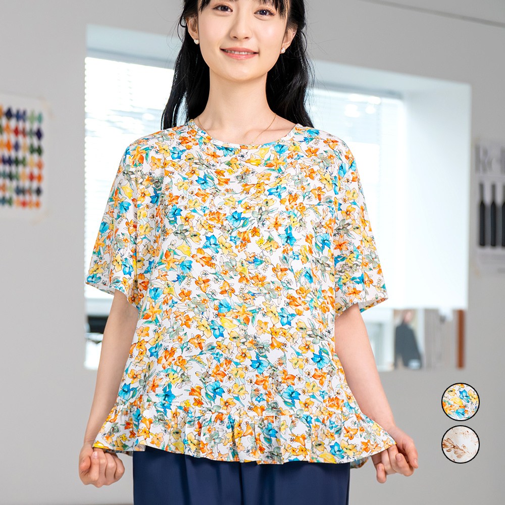 나드리 여성 샤링 블라우스 반팔 인견 프릴 반팔티 체형커버 루즈핏 나염 여름 블라우스 나드리 샤링반팔BL 썸머플라워