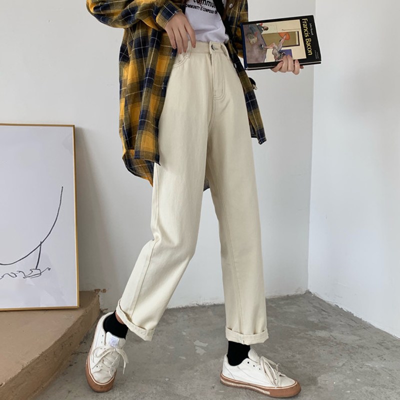 여자 봄 가을 흰색 긴 청바지 웨이스트 봄과 뚱뚱한 레그 2022 가 흰 얇은 02 M 01 오프화이트 9966