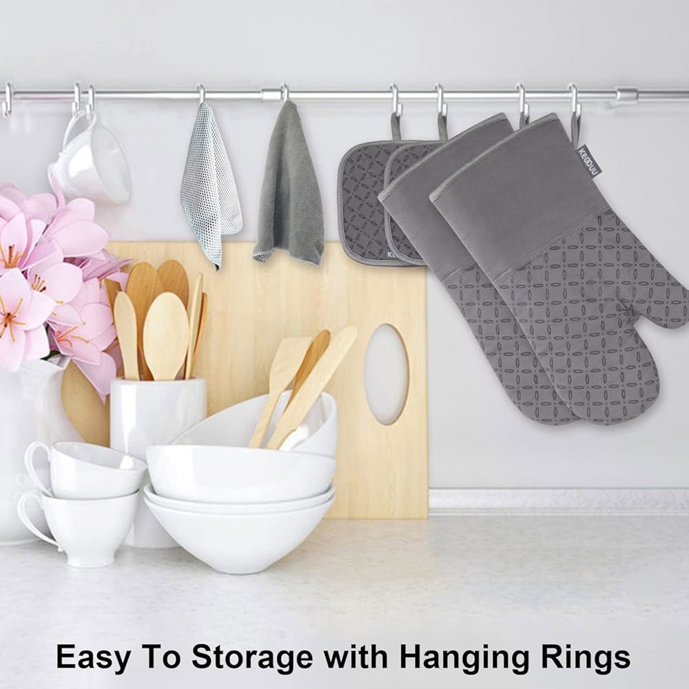 KEGOU 오븐 미트 냄비 홀더 6개 세트 주방 글러브 고내열 500도 엑스트라 롱 조리용 논슬립 실리콘 표면이 홀더