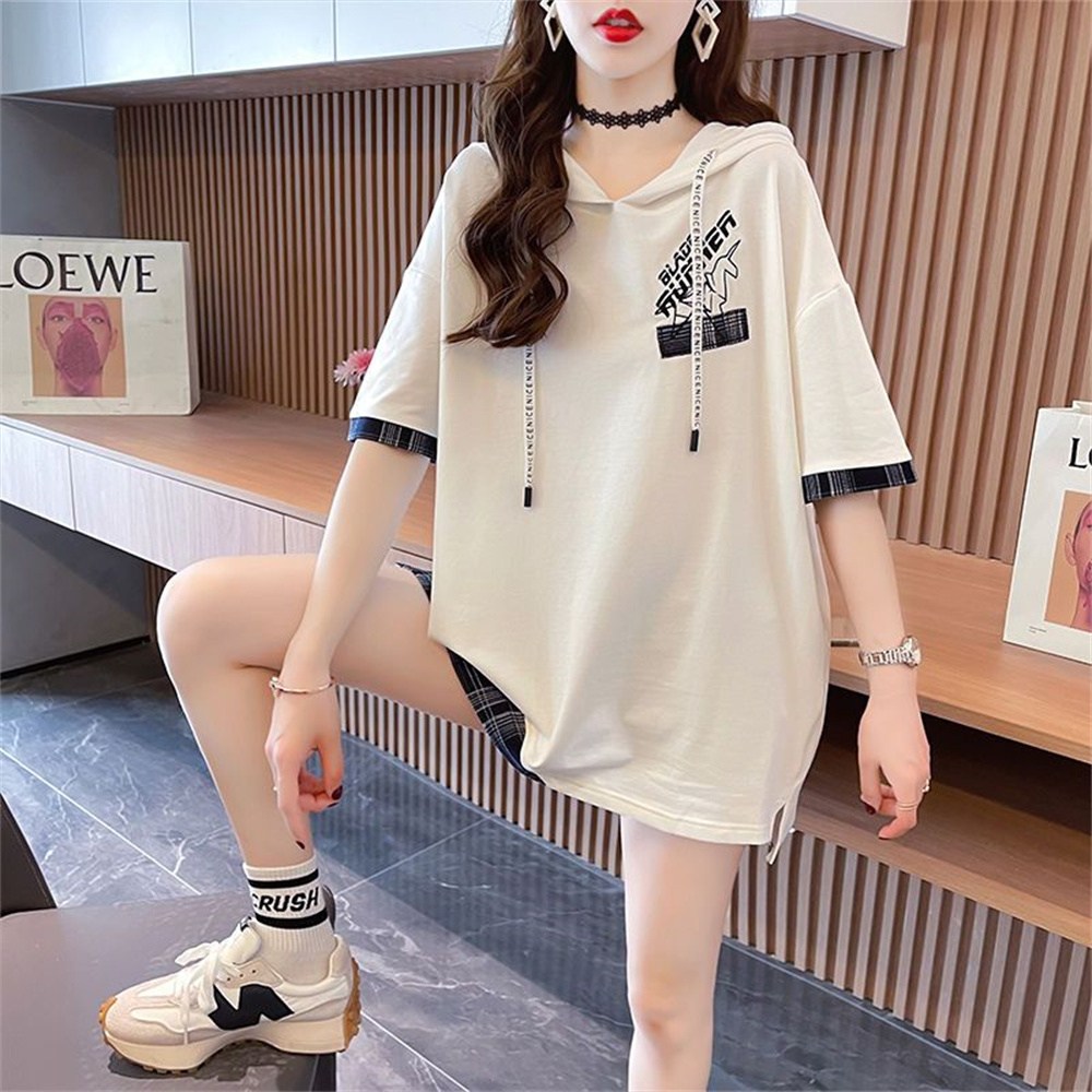 besteffie 여성 여름 반팔 후드 티셔츠 캐주얼 루즈핏 프린트 면티 여름여성후드티 K97
