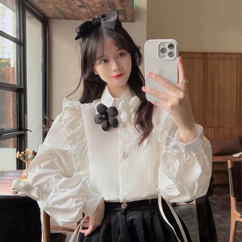 해피유통 여성 빈티지 톱 셔츠 긴팔 프릴 셔츠 jhljq 흰색