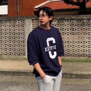 타운 남자 오버 루즈핏 쭈리면 레이어드 반팔 맨투맨