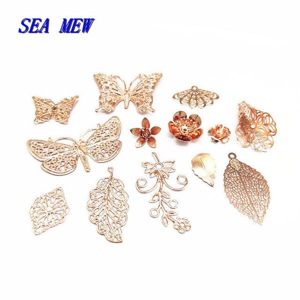 주얼리소품 혼합 금속 황동 로즈 컬러 도금 매력 선조 잎 꽃 나비 DIY