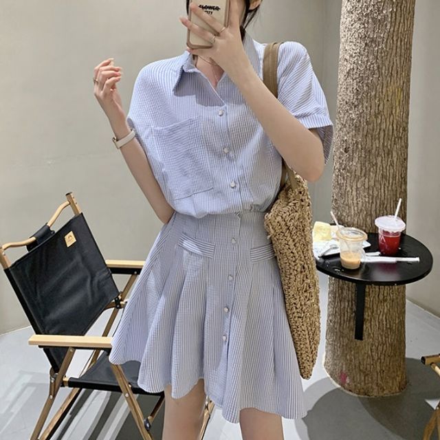 원피스 OPS 여성 여성스러운 깔끔 스트라이프 플리츠 셔츠