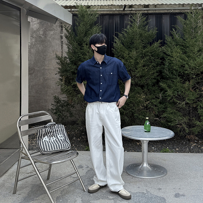 남성 유니크 워시드 인디고 데님 캠프 반팔셔츠