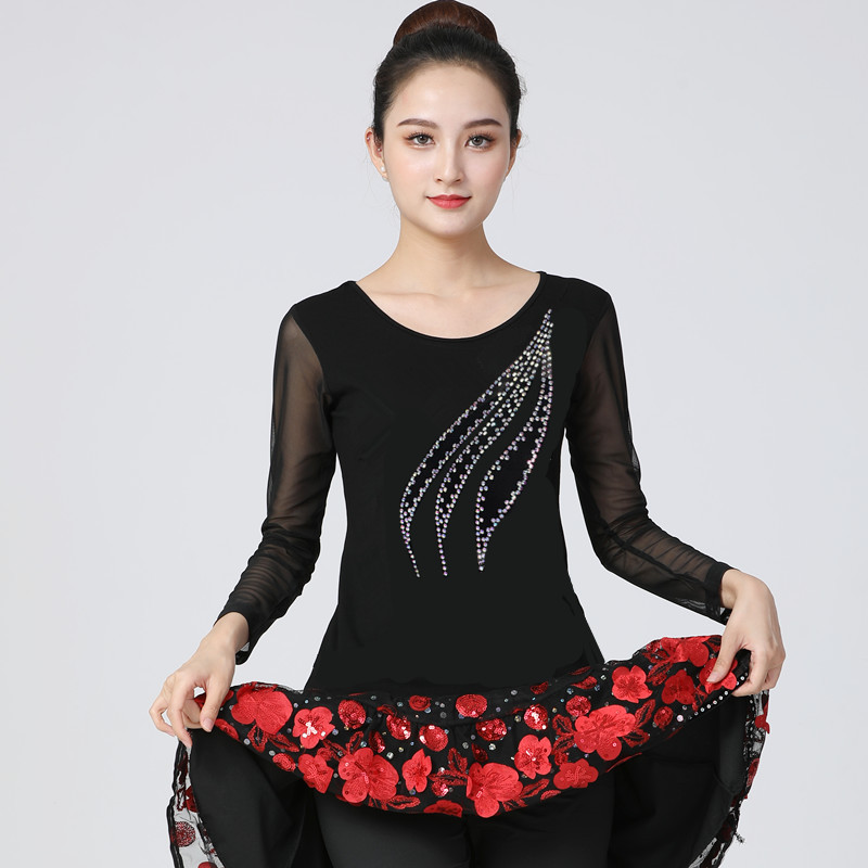 라인 댄스 스커트 에어로빅 밸리 라틴 팬츠 줌바 A라인 M 스톤 장식 댄스 의상 긴팔