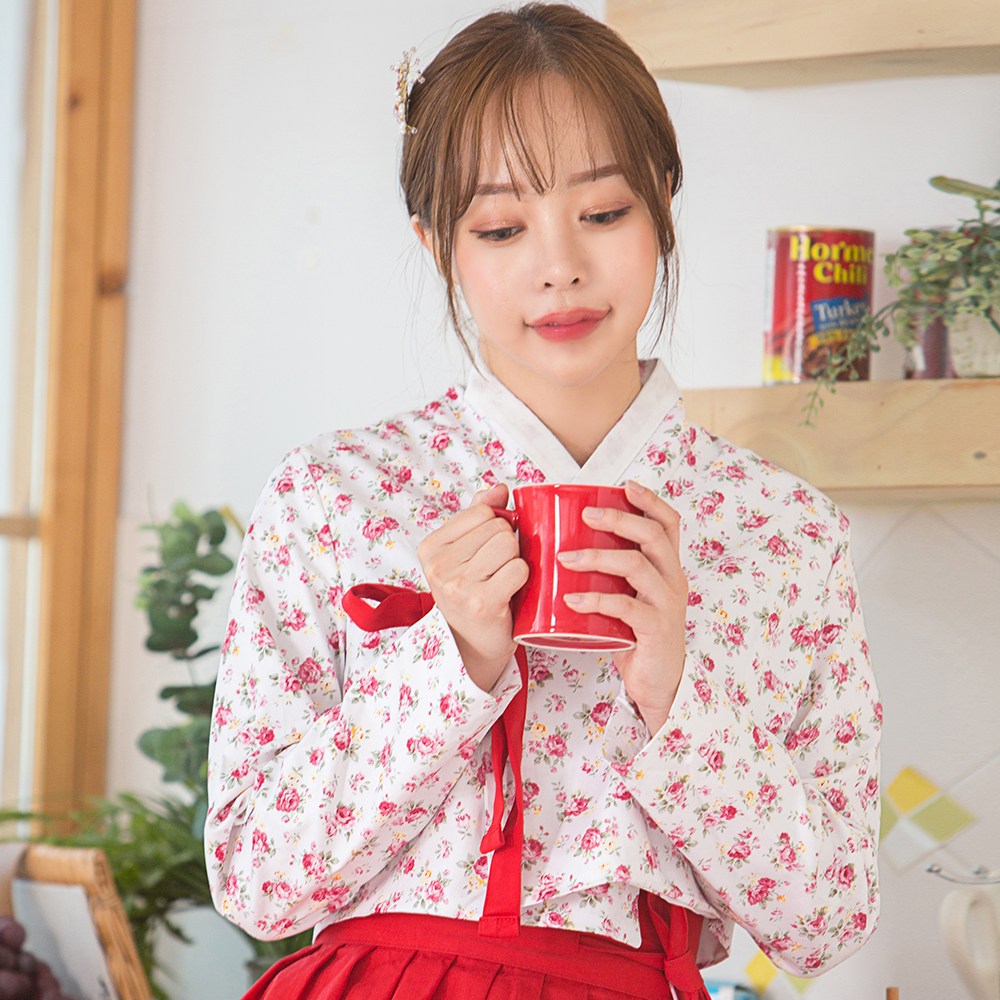 예다움 뉴 하얀꽃 생활한복 저고리 한복 봄장미 저고리 대