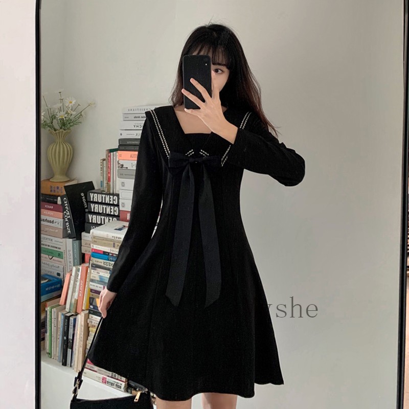 Myshe 봄 가을 학원 마린룩 긴팔 원피스 여성 Xiao 권장 170-200근 검정색 M01610FEI610LYQ06