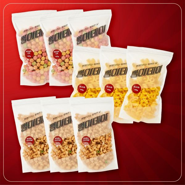 뻥이데이 달콤 세트 아롱다롱 앵두 뻥튀기 3개 140g3 개나리콘 110g3 녹차맛 마카로니 150g3
