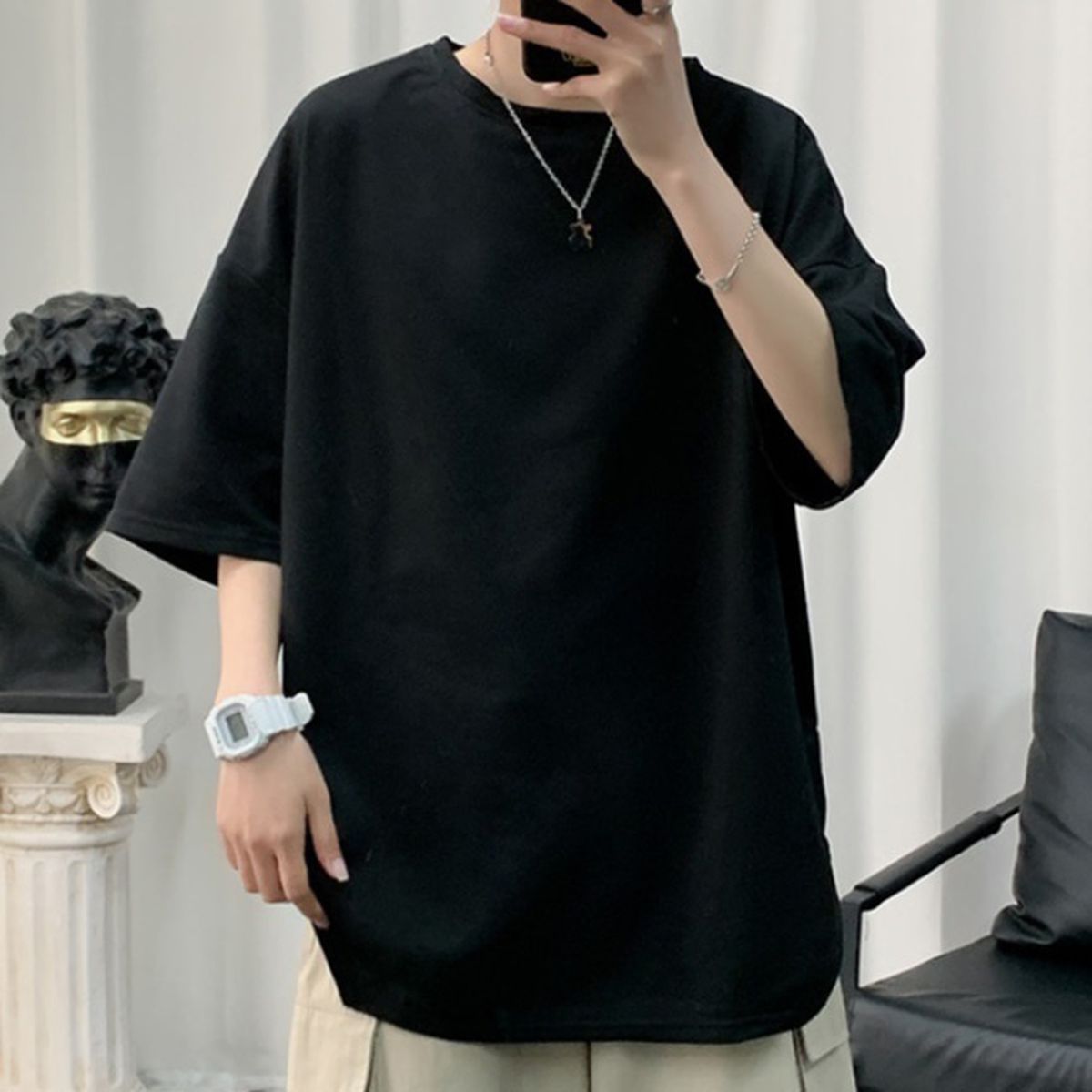 캐주얼반팔 오버핏 올핀 무지 티셔츠 여름 무지티셔츠 옆트임 레이어드 반팔티셔츠 캐주얼 라운드넥 남성 남자 x000D