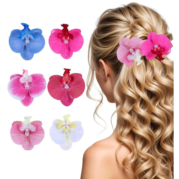 Orchid HAIR 헤어 CLIP 클립 6 Pcs FLOWER 플라워 for 헤어 2 8-Inch 3D HAND -tuned 클립s Artificial