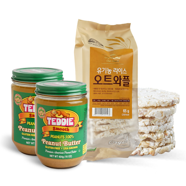 테디 땅콩버터 스무스 454g 2병 오가닉스토리 오트와플 뻥튀기 2개