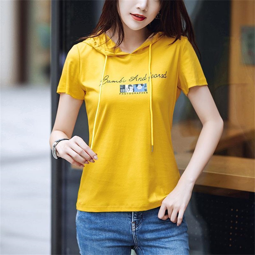 besteffie 여성용 캐주얼 후드 반팔 티셔츠 여름 면 간단한 디자인 프린트 데일리 K95